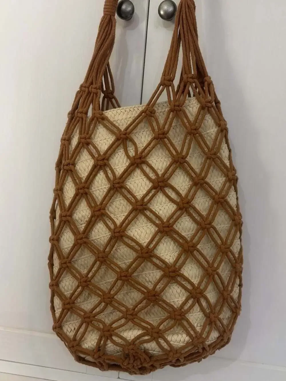 Macrame and Straw Bucket Tote Cottagecore Bag  Braided Handles beachy